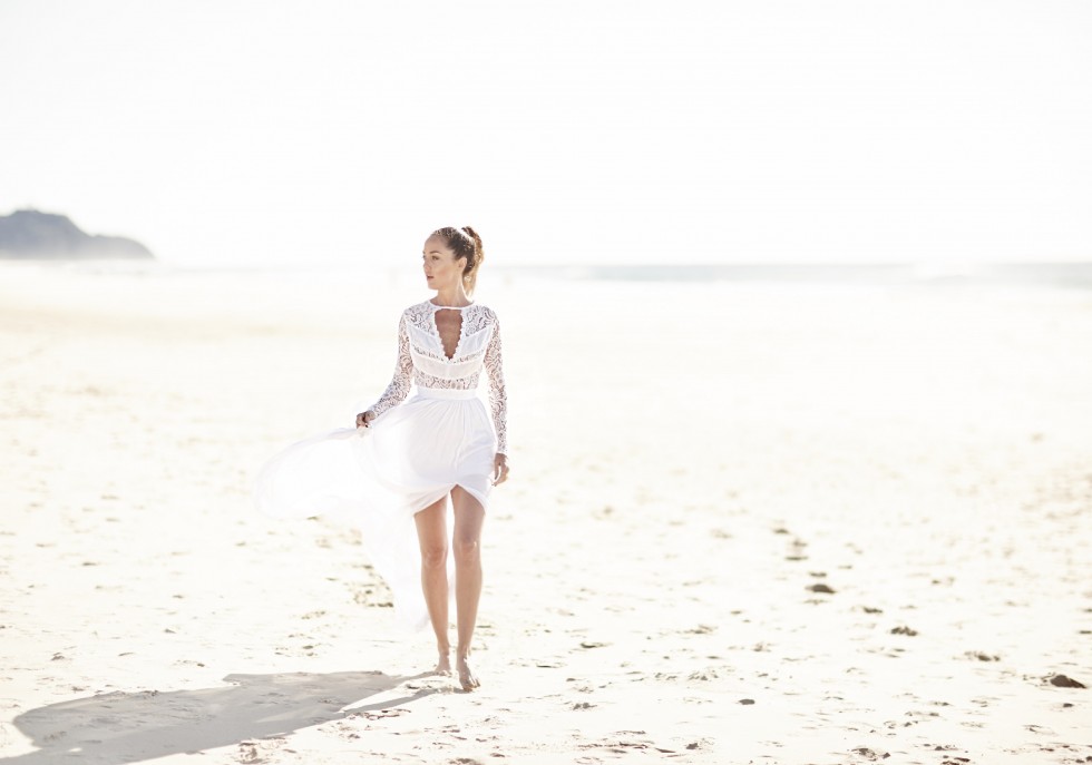 Amber Renae Fame and Partners White floaty lace dress long sleeves split beach editorial