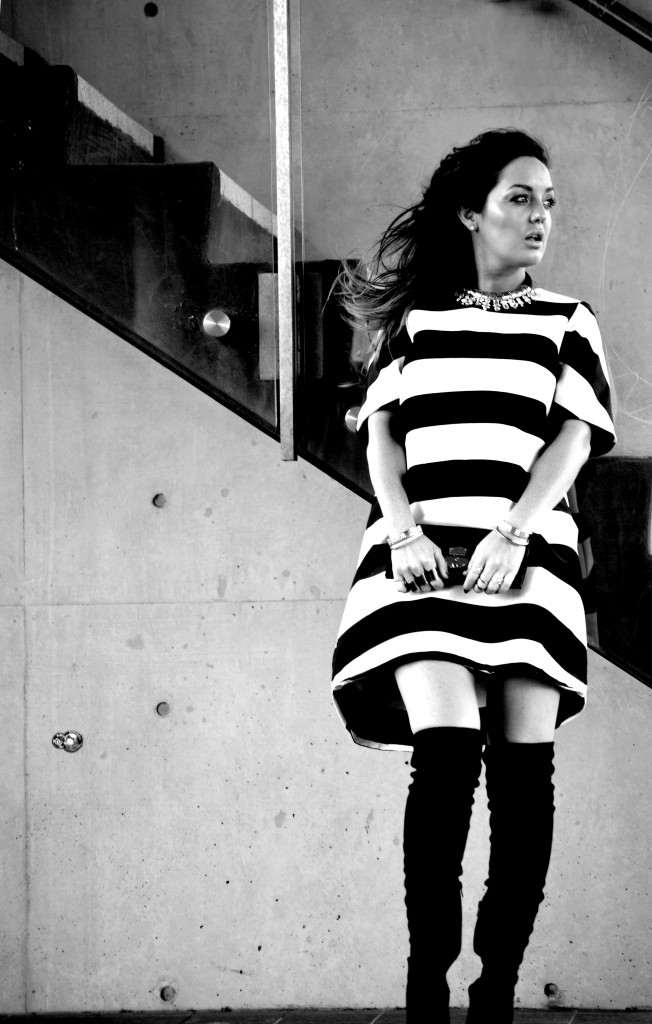 Amber Renae black white striped dress knee high boots